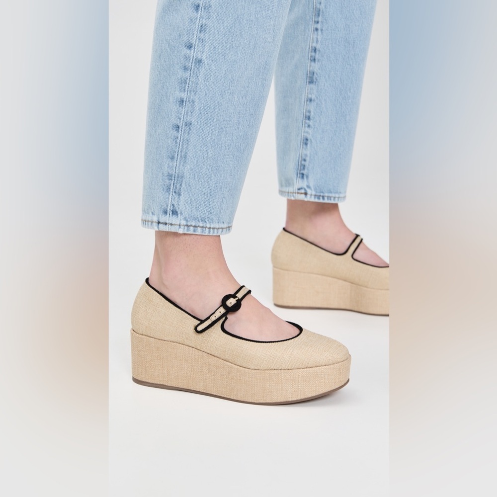 Larroude | Blair Platform Mary Jane Shoes In Raffia Beige Black Size 6.5 NEW